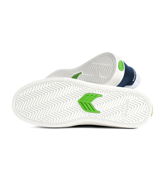 VALLELY White Leather Dark Denim Accents Black Logo Sneaker