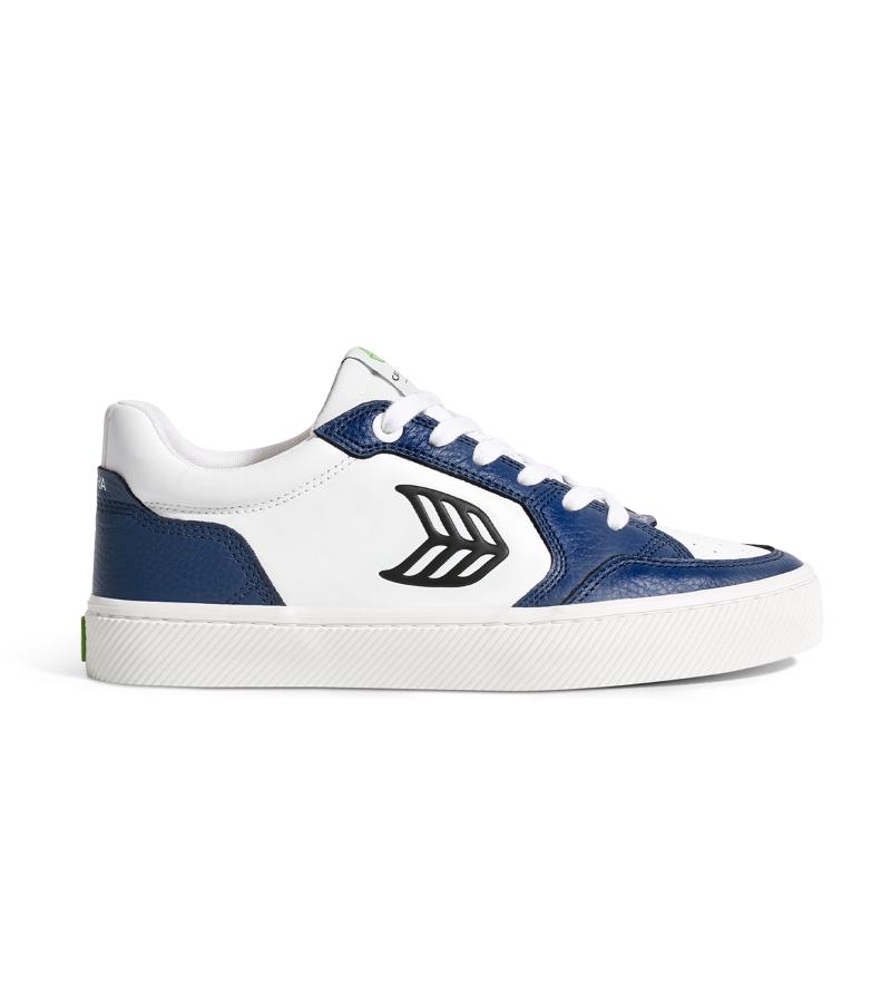 VALLELY White Leather Dark Denim Accents Black Logo Sneaker