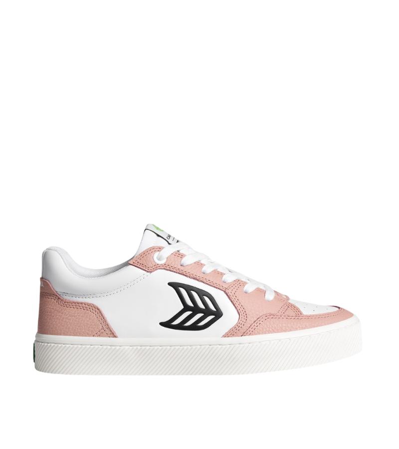 VALLELY White Leather Mahogany Rose Accents Black Logo Sneaker