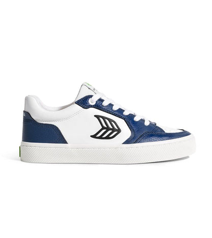 VALLELY White Leather Dark Denim Accents Black Logo Sneaker