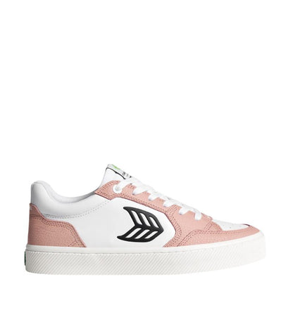 VALLELY White Leather Mahogany Rose Accents Black Logo Sneaker